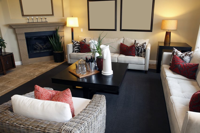 Sala de estar informal decorada con chimenea y alfombra